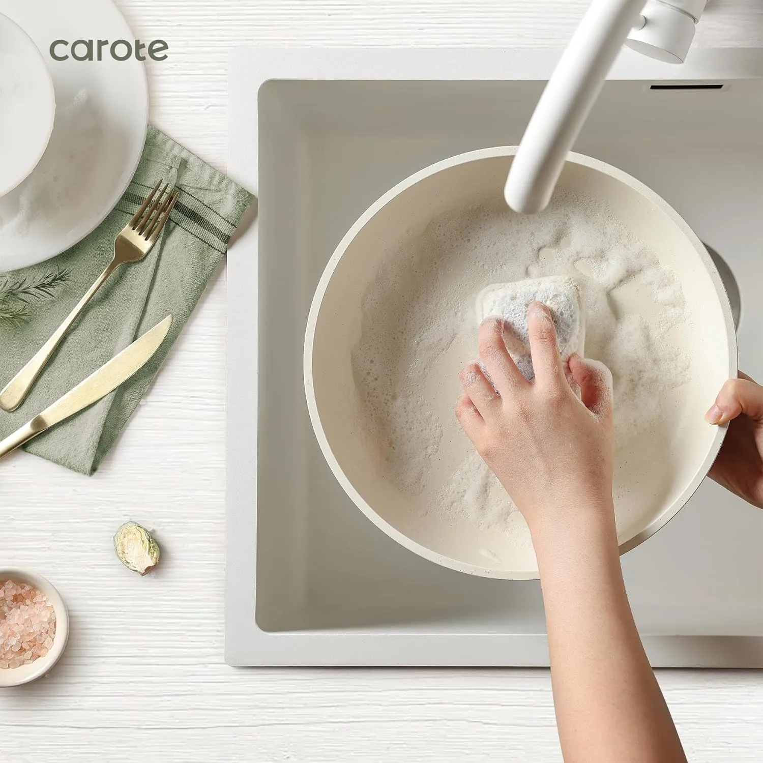CAROTE Nonstick Cookware Sets, Detachable Non Stick Pots and Pans Set, Cooking Sets, Granite Non Stick Cookware, Suitable for All Stoves, Dishwasher/Oven Safe(White, 11 Pieces)