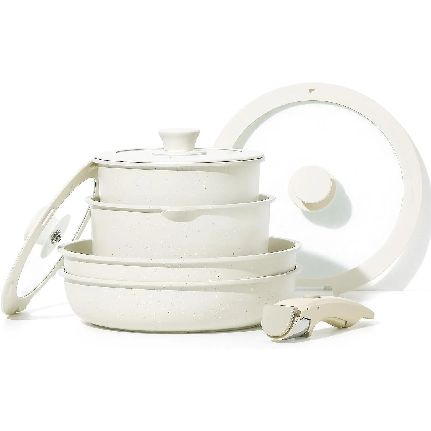 CAROTE Nonstick Cookware Sets, Detachable Non Stick Pots and Pans Set, Cooking Sets, Granite Non Stick Cookware, Suitable for All Stoves, Dishwasher/Oven Safe(White, 11 Pieces)