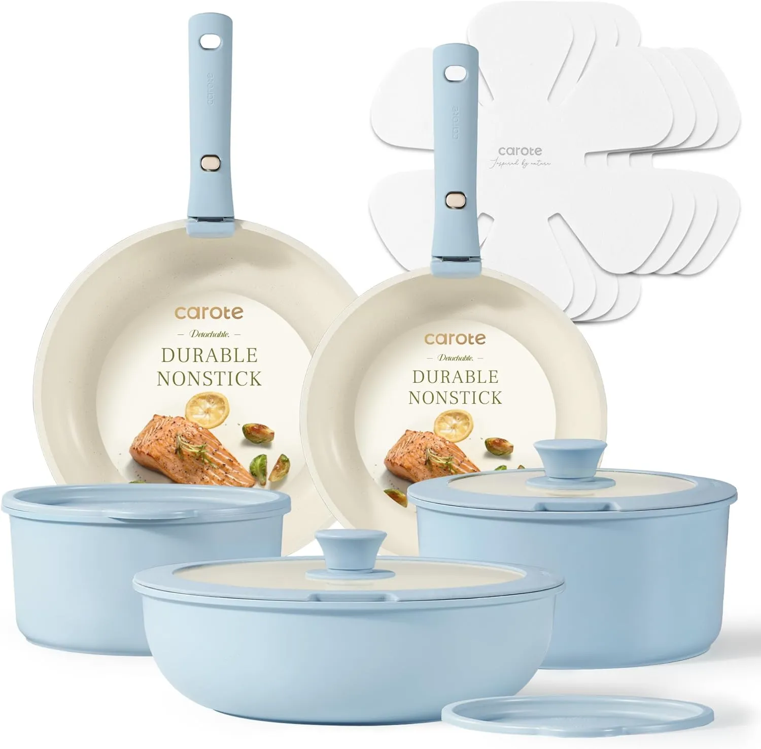 CAROTE Pots and Pans Set, Nonstick Cookware Set Detachable Handle, 15pcs Induction Kitchen Cookware Sets Non Stick with Removable Handle, RV Cookware Set, Oven Safe, Blue