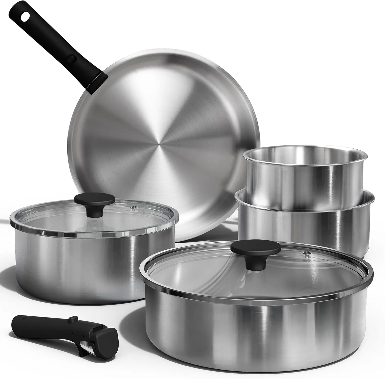 CAROTE Pots and Pans Set, Stainless Steel Cookware Set Detachable Handle, 9pcs Induction Kitchen Cookware Sets with Removable Handle, RV Cookware Set, Oven Safe