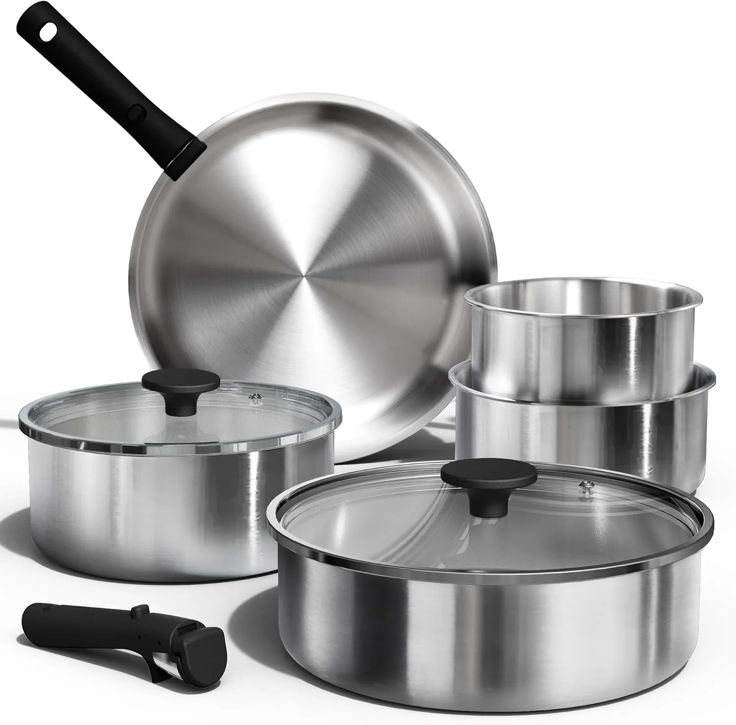 CAROTE Pots and Pans Set, Stainless Steel Cookware Set Detachable Handle, 9pcs Induction Kitchen Cookware Sets with Removable Handle, RV Cookware Set, Oven Safe