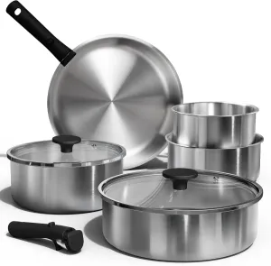 CAROTE Pots and Pans Set, Stainless Steel Cookware Set Detachable Handle, 9pcs Induction Kitchen Cookware Sets with Removable Handle, RV Cookware Set, Oven Safe