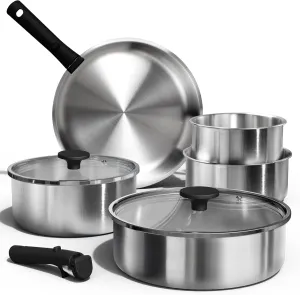 CAROTE Pots and Pans Set, Stainless Steel Cookware Set Detachable Handle, 9pcs Induction Kitchen Cookware Sets with Removable Handle, RV Cookware Set, Oven Safe