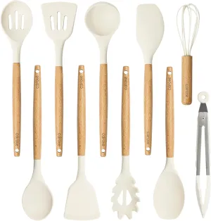 CAROTE Silicone Cooking Utensils Set, Kitchen Utensils Set 10 Pcs for cooking, BPA Free Spatula Set with Heat Resistant Wood Handles for Nonstick Cookware (Cream White)