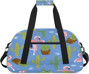 Cartoon Flamingo Gym Duffel Bag for Men Women Cartoon Cactus Sports Tote Bag with Adjustable Shoulder Strap for Dance Gymnastics Traveling Outdoor Camping Overnight Stay