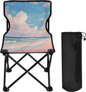 Cartoon Seaside Beach Portable Outdoor Folding Chair Anti-Slip Padded Oxford Cloth Stool Camping Chair Small for Beach Hiking Fishing Gardening Quad Camp Chair