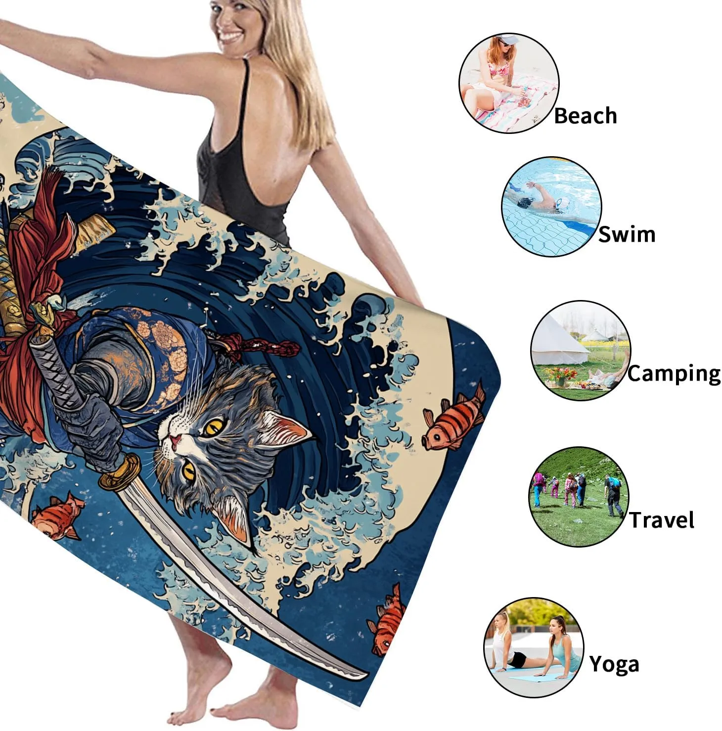 Cat Samurai Beach Towel Grey Anime Style Quick Dry Absorbent Sand Free Lightweight Bath Blanket, Outdoors Vacation Picnic Pool Gym Essentials 70x35 Inch