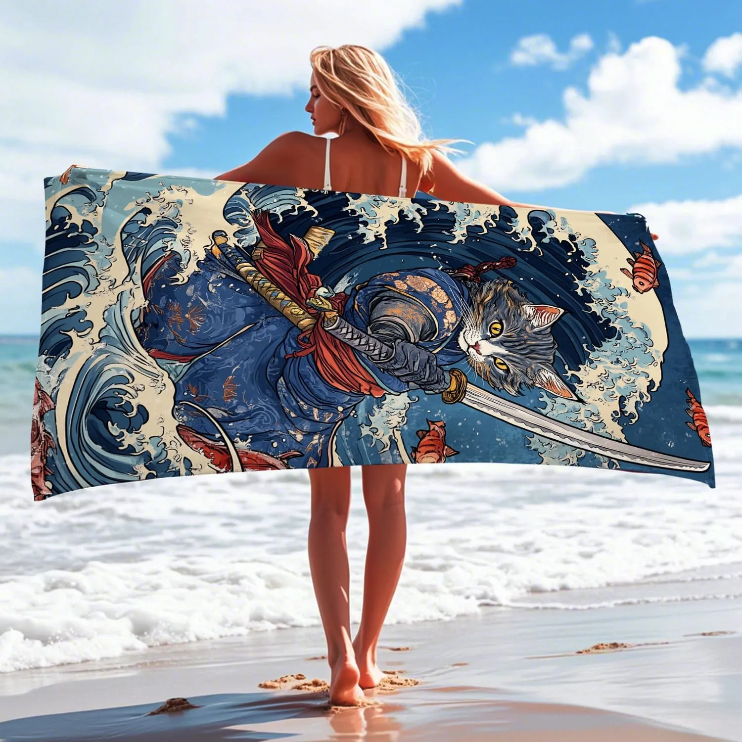 Cat Samurai Beach Towel Grey Anime Style Quick Dry Absorbent Sand Free Lightweight Bath Blanket, Outdoors Vacation Picnic Pool Gym Essentials 70x35 Inch