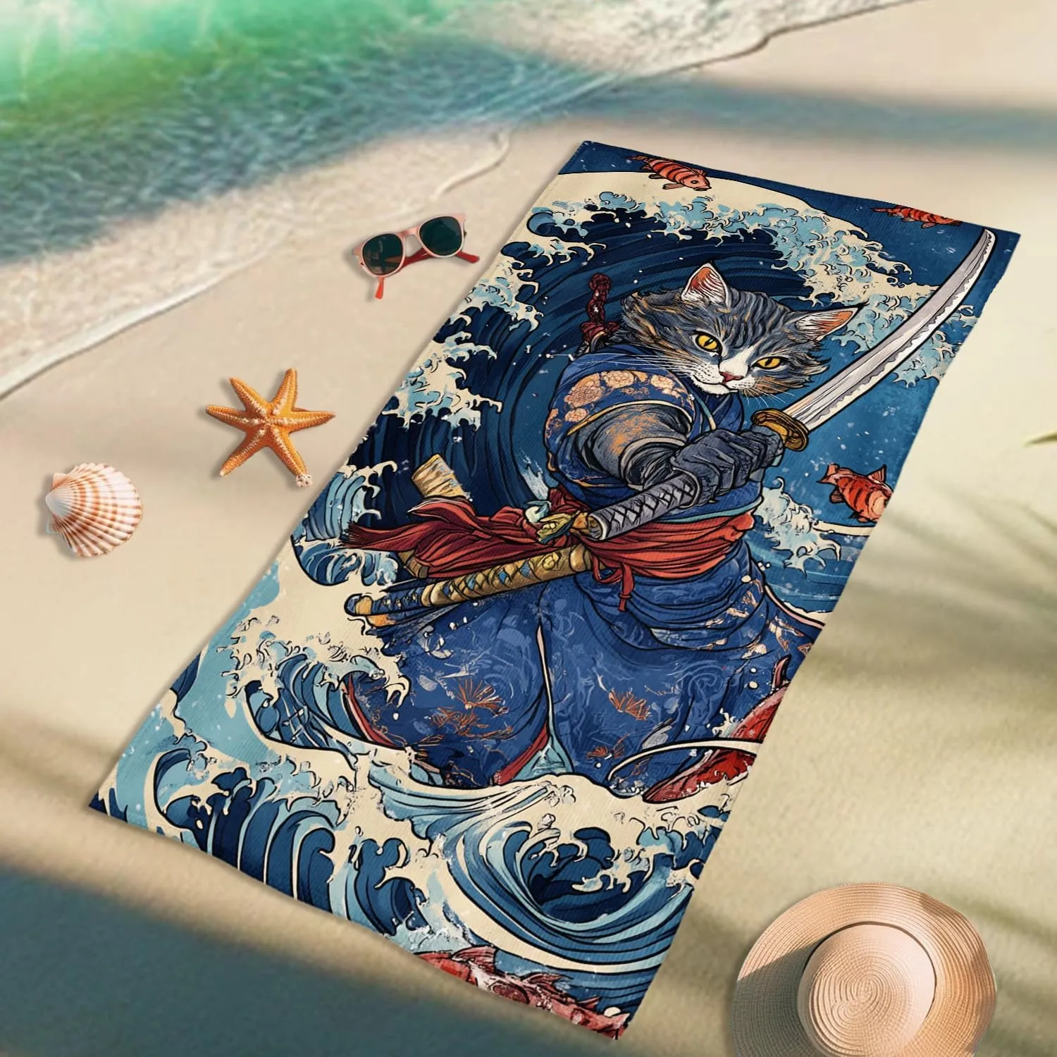 Cat Samurai Beach Towel Grey Anime Style Quick Dry Absorbent Sand Free Lightweight Bath Blanket, Outdoors Vacation Picnic Pool Gym Essentials 70x35 Inch