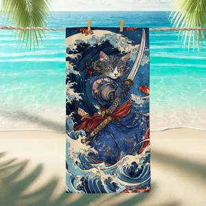 Cat Samurai Beach Towel Grey Anime Style Quick Dry Absorbent Sand Free Lightweight Bath Blanket, Outdoors Vacation Picnic Pool Gym Essentials 70x35 Inch