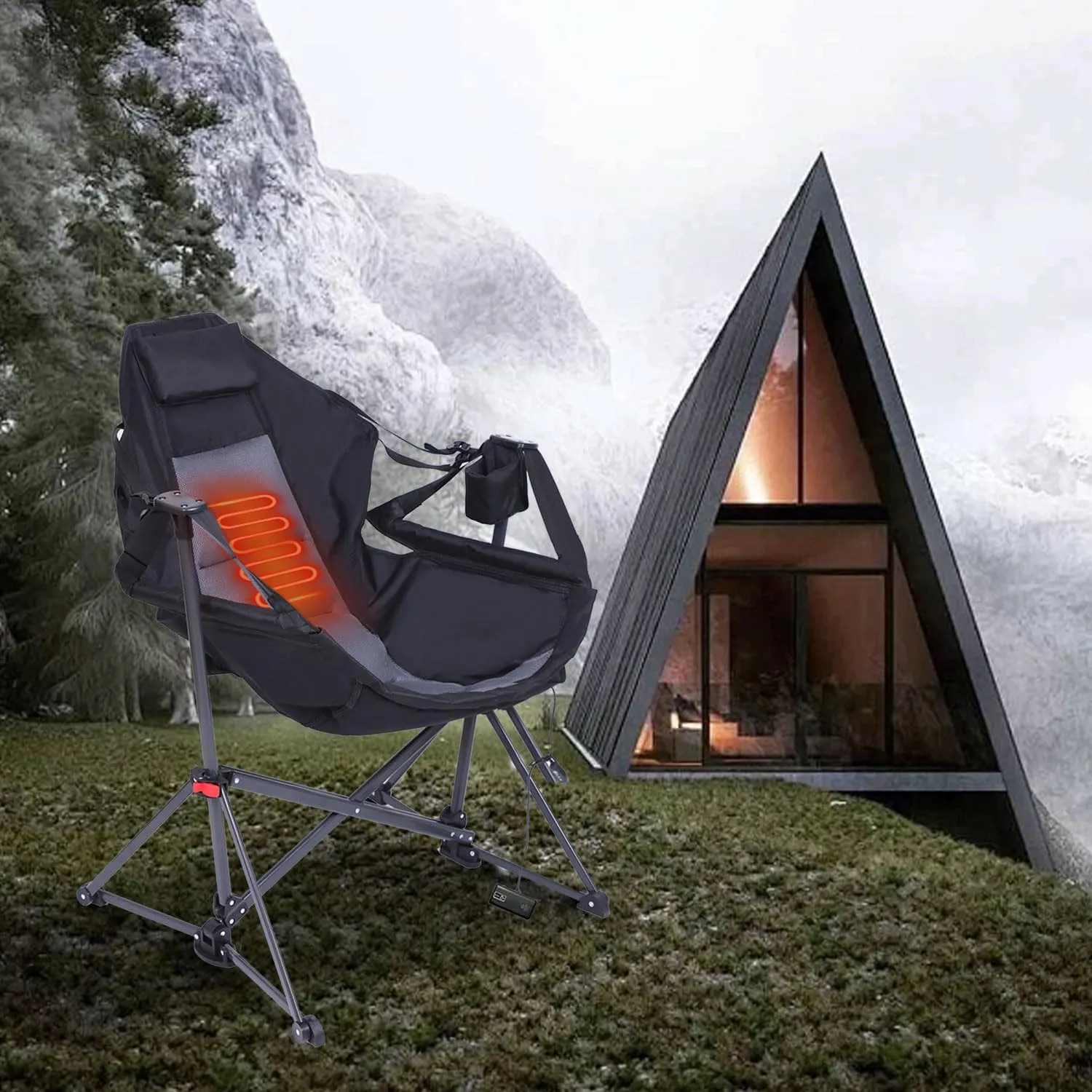 CDEN Heated Hammock Chair, Heated Camping Chair, Heated Swing Chair, Heavy Duty, with Stand, Cup Holder, Side Bag, Power Bank Included, for Patio, Camping, Backyard (1 Pack)