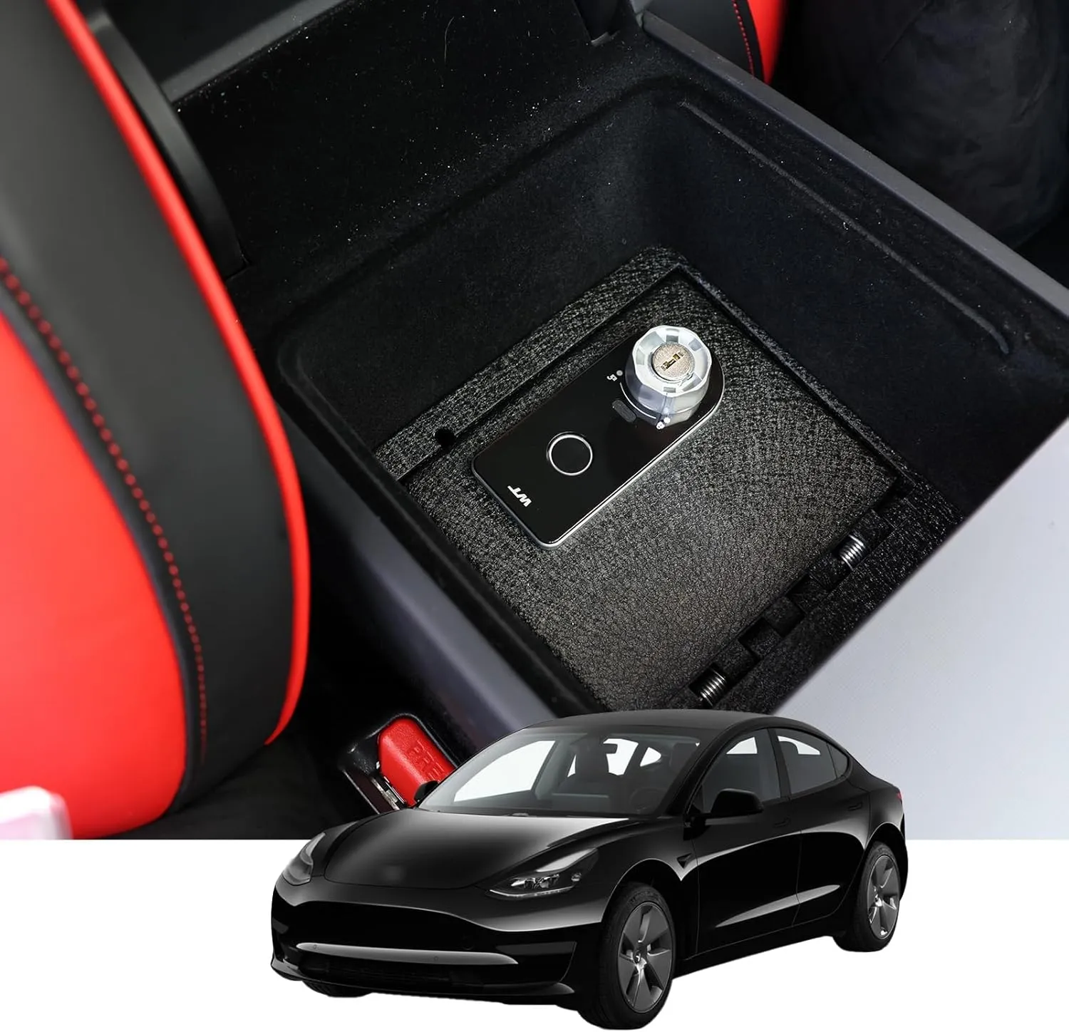 Center Console Gun Safe - Console Gun Vault Compatible with Tesla Model 3 2024-2025,for 2025 Tesla Model Y, High Security Armrest Lock Box with Fingerprint Lock with Key