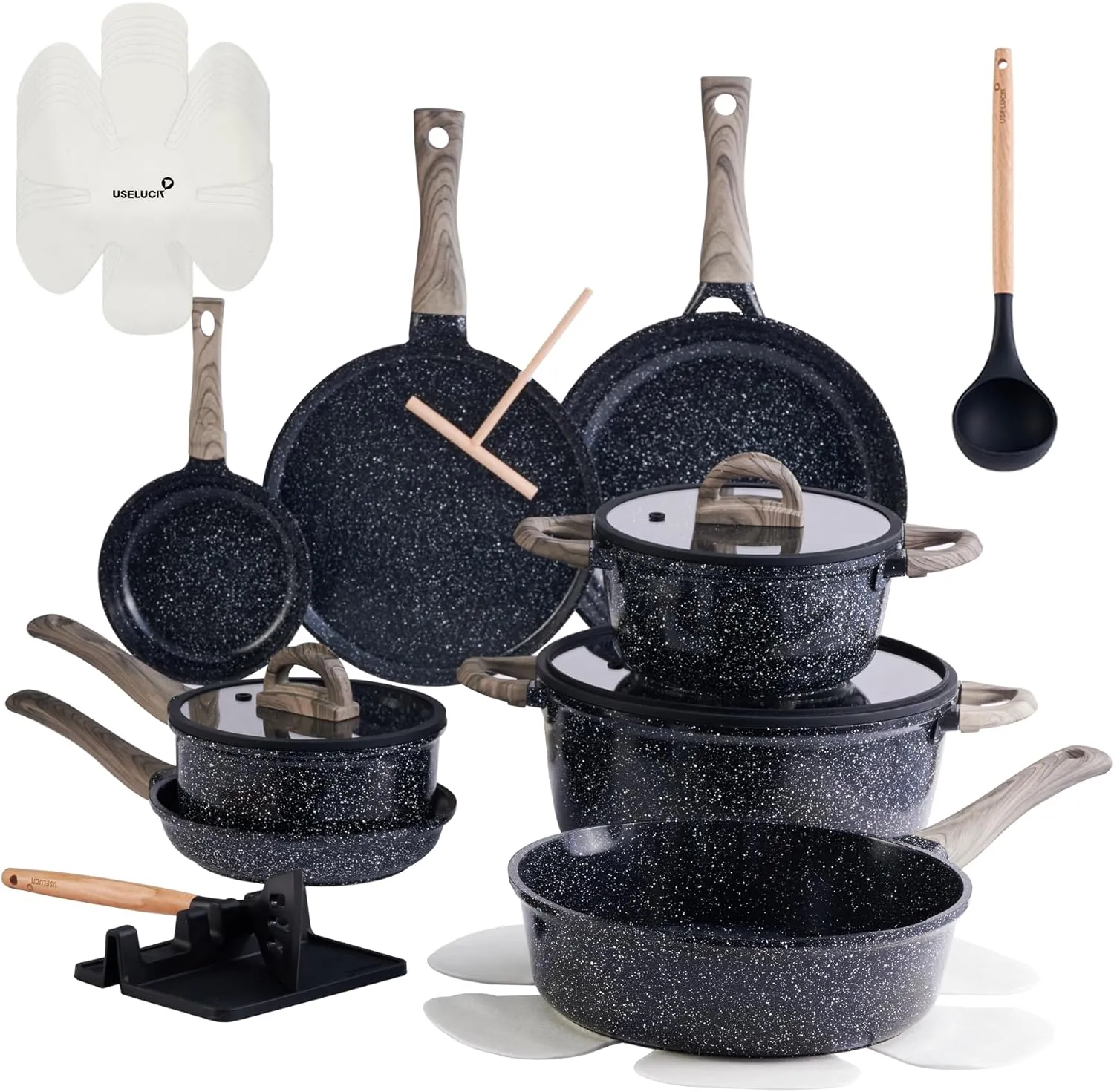 Ceramic Cookware Set 22 Piece Nonstick Pots and Pans Set Non Stick Kitchen Cooking Sets 8"Frying Pans with Lid,Black Granite Non-Toxic Induction Kitchen Cookware w/Glass Lids PFOS/PFOA-Free