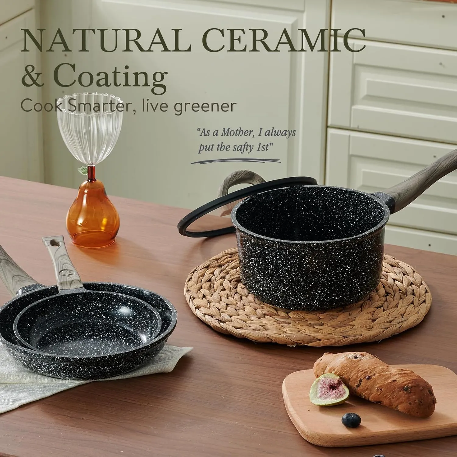 Ceramic Cookware Set 22 Piece Nonstick Pots and Pans Set Non Stick Kitchen Cooking Sets 8"Frying Pans with Lid,Black Granite Non-Toxic Induction Kitchen Cookware w/Glass Lids PFOS/PFOA-Free
