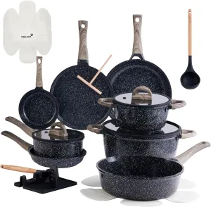Ceramic Cookware Set 22 Piece Nonstick Pots and Pans Set Non Stick Kitchen Cooking Sets 8"Frying Pans with Lid,Black Granite Non-Toxic Induction Kitchen Cookware w/Glass Lids PFOS/PFOA-Free