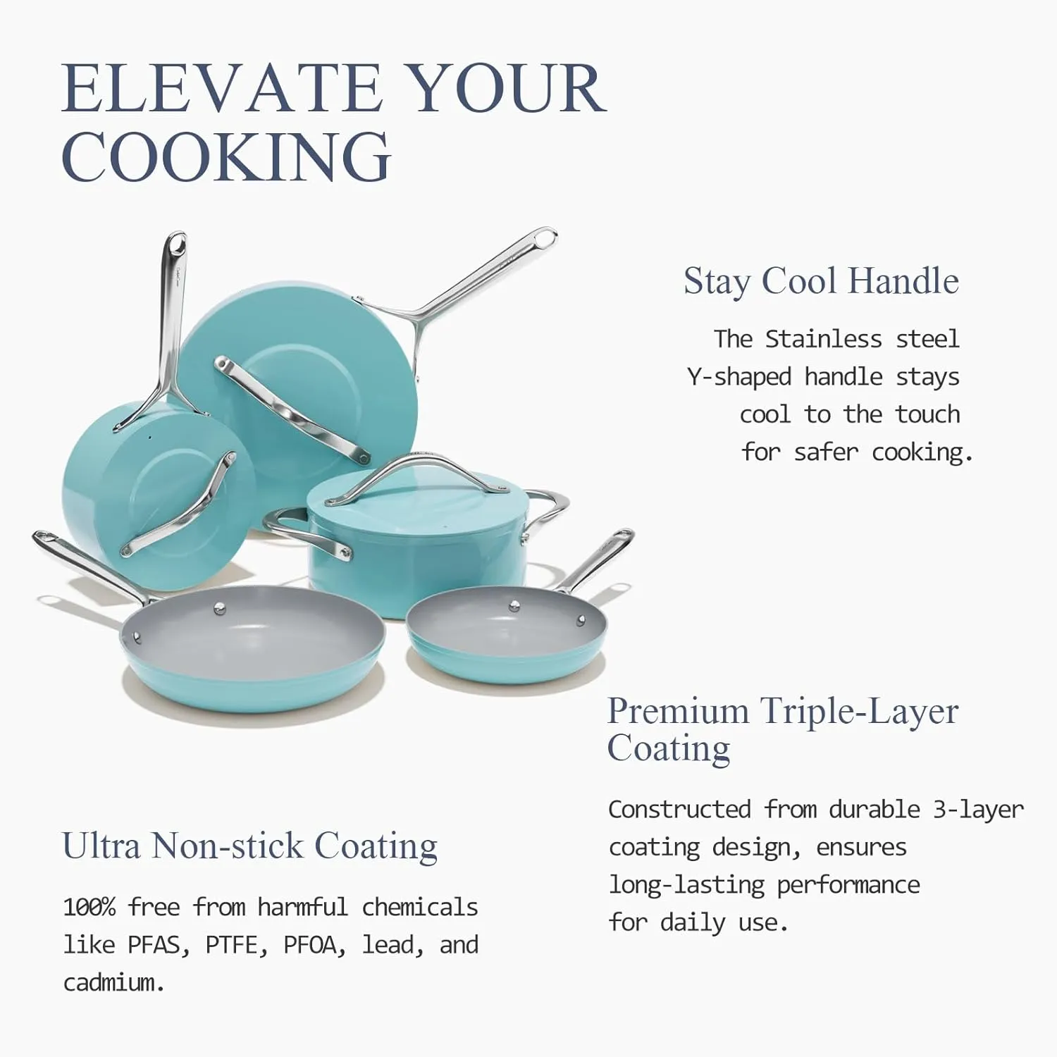 Ceramic Nonstick Pots and Pans Set 8-Piece Cookware Set - Non-Toxic & PTFE/PFOA/PFAS Free, Induction Compatible, Oven & Dishwasher Safe to 500°F, Caribbean Blue