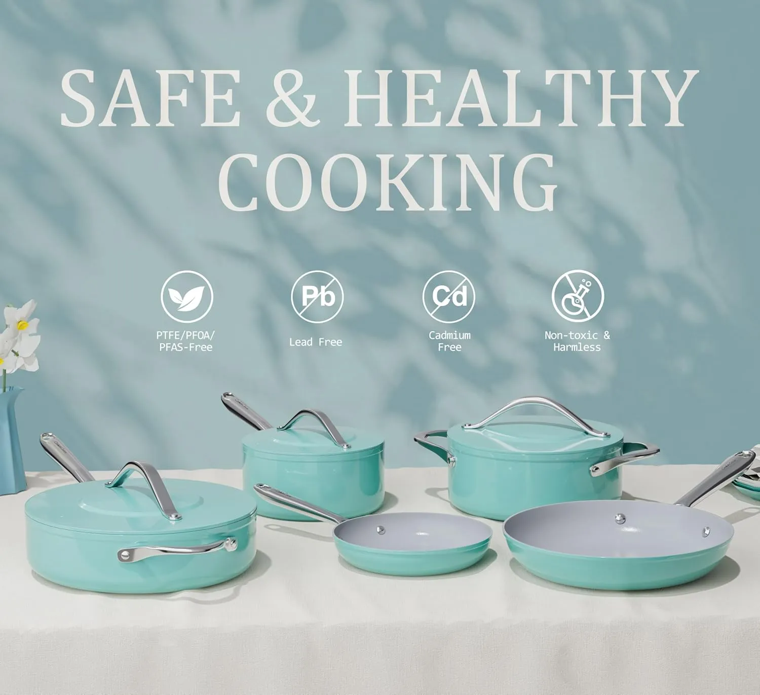 Ceramic Nonstick Pots and Pans Set 8-Piece Cookware Set - Non-Toxic & PTFE/PFOA/PFAS Free, Induction Compatible, Oven & Dishwasher Safe to 500°F, Caribbean Blue