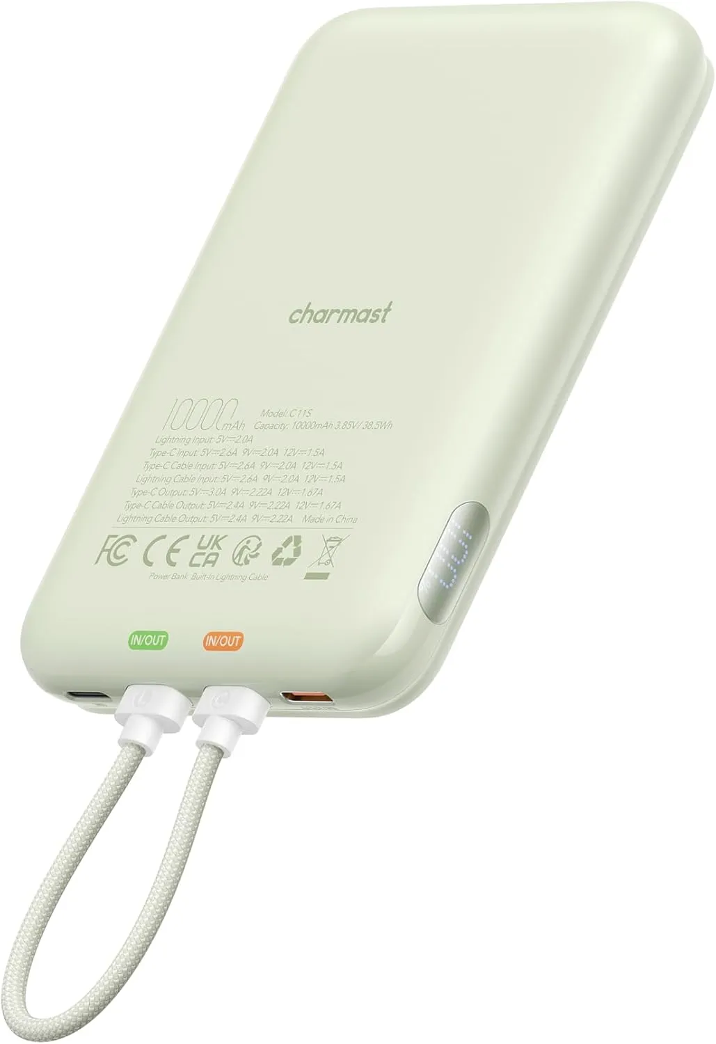 Charmast 10000mAh Wired Portable Charger, 20W Fast Charging Slim Power Bank with Removable Cable for iPhone & Android, Hand-Free Battery Pack with Digital Display for Short Travel (No-Wireless)