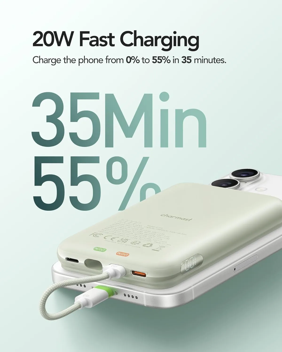 Charmast 10000mAh Wired Portable Charger, 20W Fast Charging Slim Power Bank with Removable Cable for iPhone & Android, Hand-Free Battery Pack with Digital Display for Short Travel (No-Wireless)