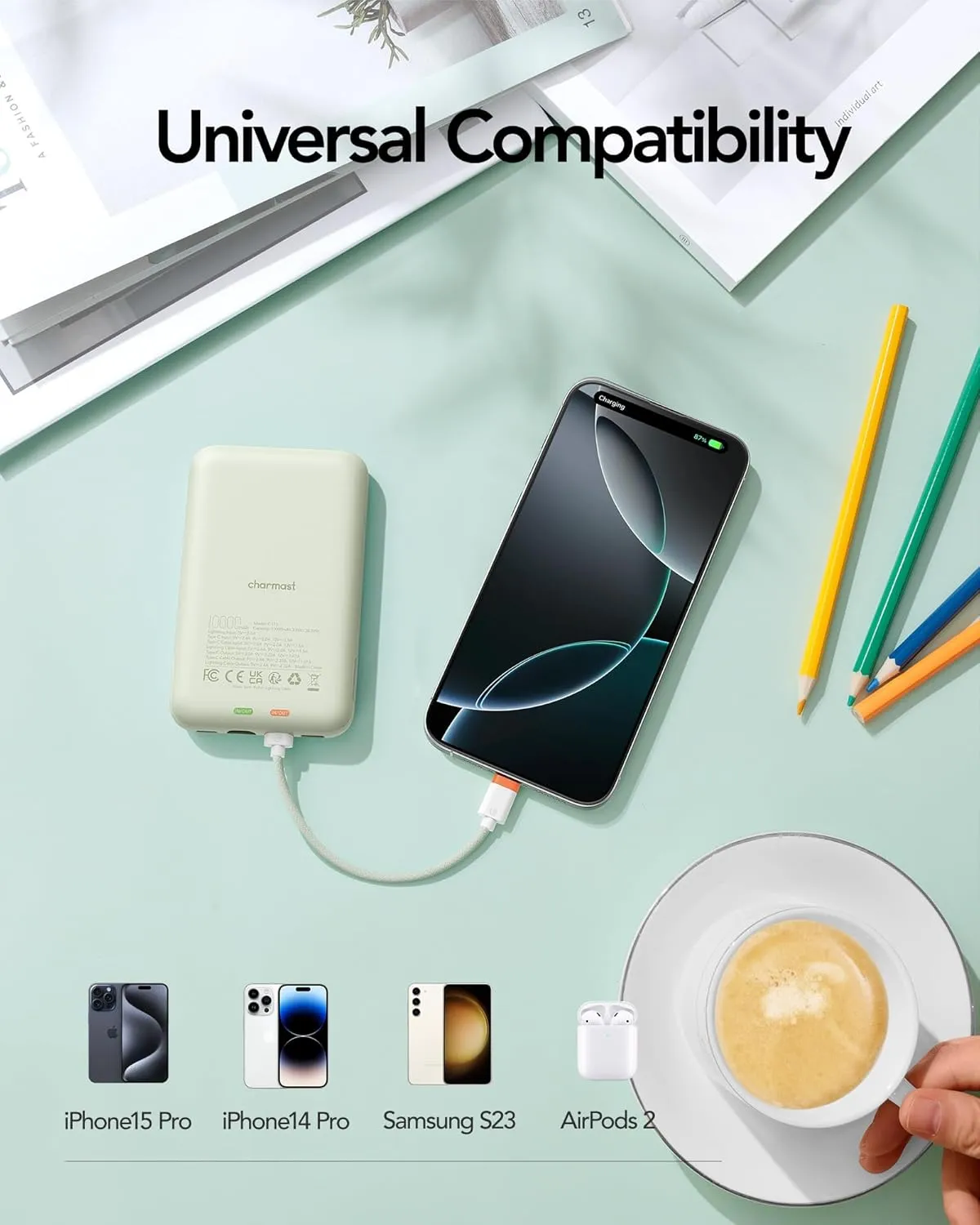 Charmast 10000mAh Wired Portable Charger, 20W Fast Charging Slim Power Bank with Removable Cable for iPhone & Android, Hand-Free Battery Pack with Digital Display for Short Travel (No-Wireless)