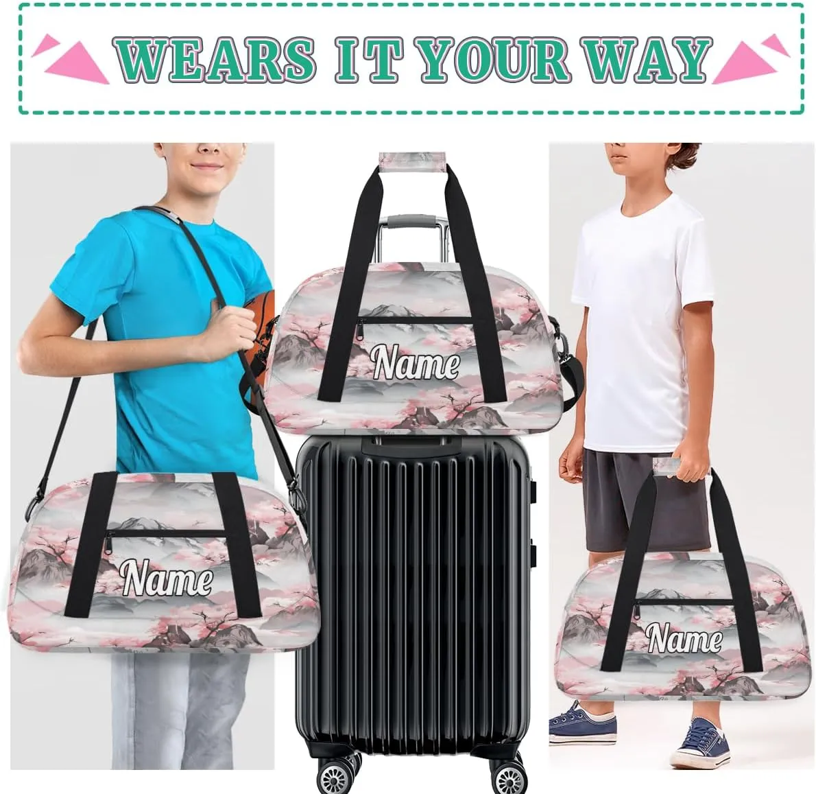 Cherry Blossom Mountains Custom Sports Gym Bag Personalized Dance Bag Teens Travel Weekender Overnight Carry On Bag Boys Girls Waterproof