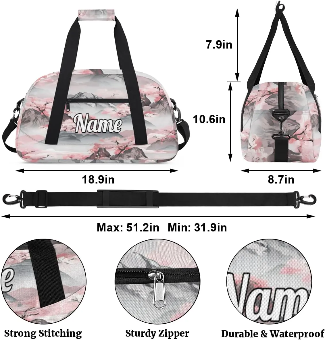 Cherry Blossom Mountains Custom Sports Gym Bag Personalized Dance Bag Teens Travel Weekender Overnight Carry On Bag Boys Girls Waterproof