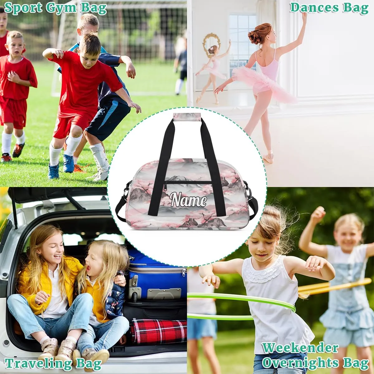 Cherry Blossom Mountains Custom Sports Gym Bag Personalized Dance Bag Teens Travel Weekender Overnight Carry On Bag Boys Girls Waterproof