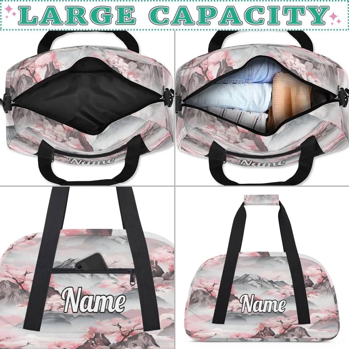 Cherry Blossom Mountains Custom Sports Gym Bag Personalized Dance Bag Teens Travel Weekender Overnight Carry On Bag Boys Girls Waterproof