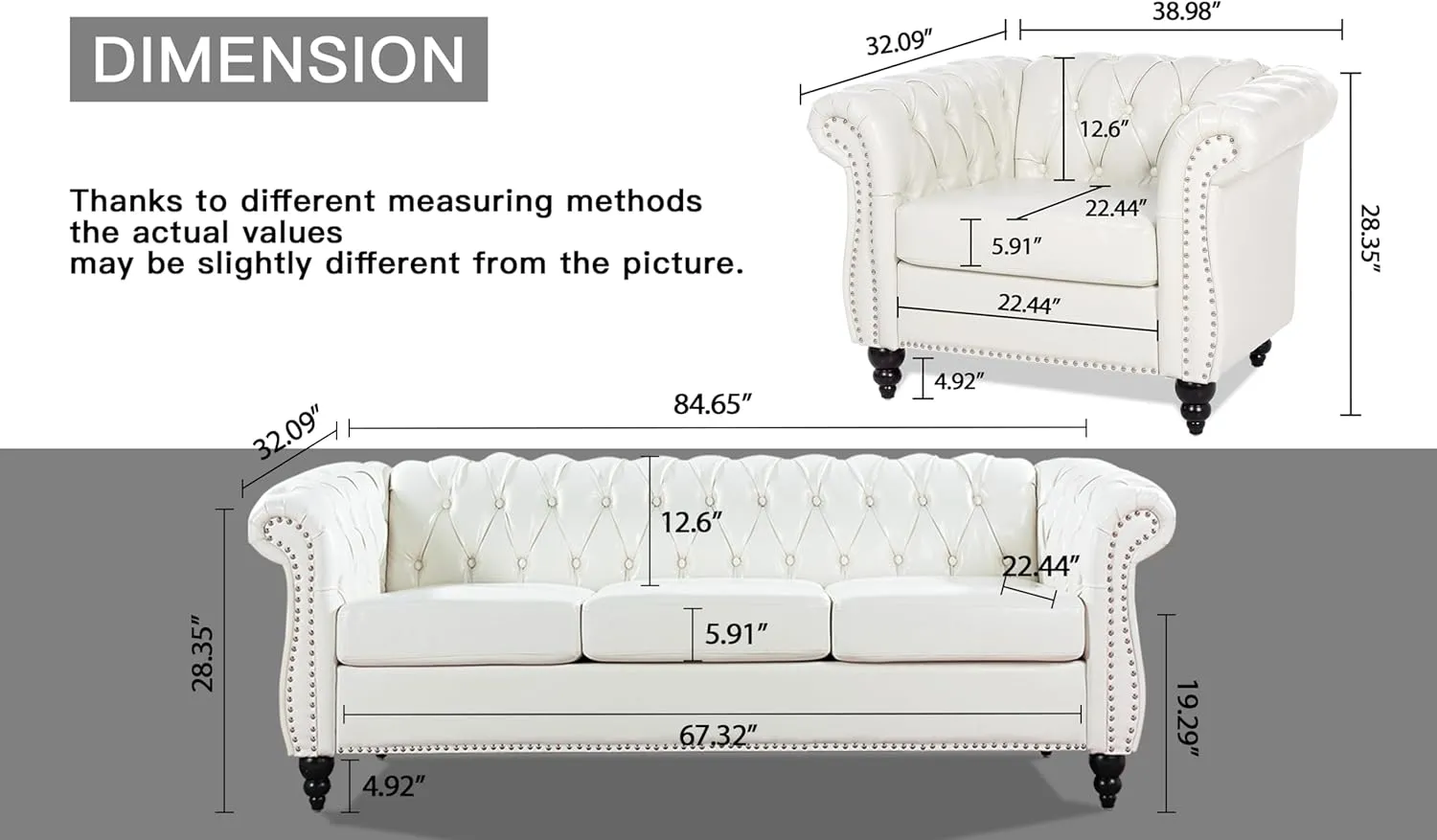 Chesterfield 2 Piece Set, Modern Faux Leather 3 Seater Couches and Sofa Chairs, Upholstered Tufted Button,Scroll Arms and Nailhead Trim, Sectional Sofa Set for Living Room Office Bedroom