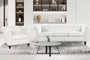 Chesterfield 2 Piece Set, Modern Faux Leather 3 Seater Couches and Sofa Chairs, Upholstered Tufted Button,Scroll Arms and Nailhead Trim, Sectional Sofa Set for Living Room Office Bedroom