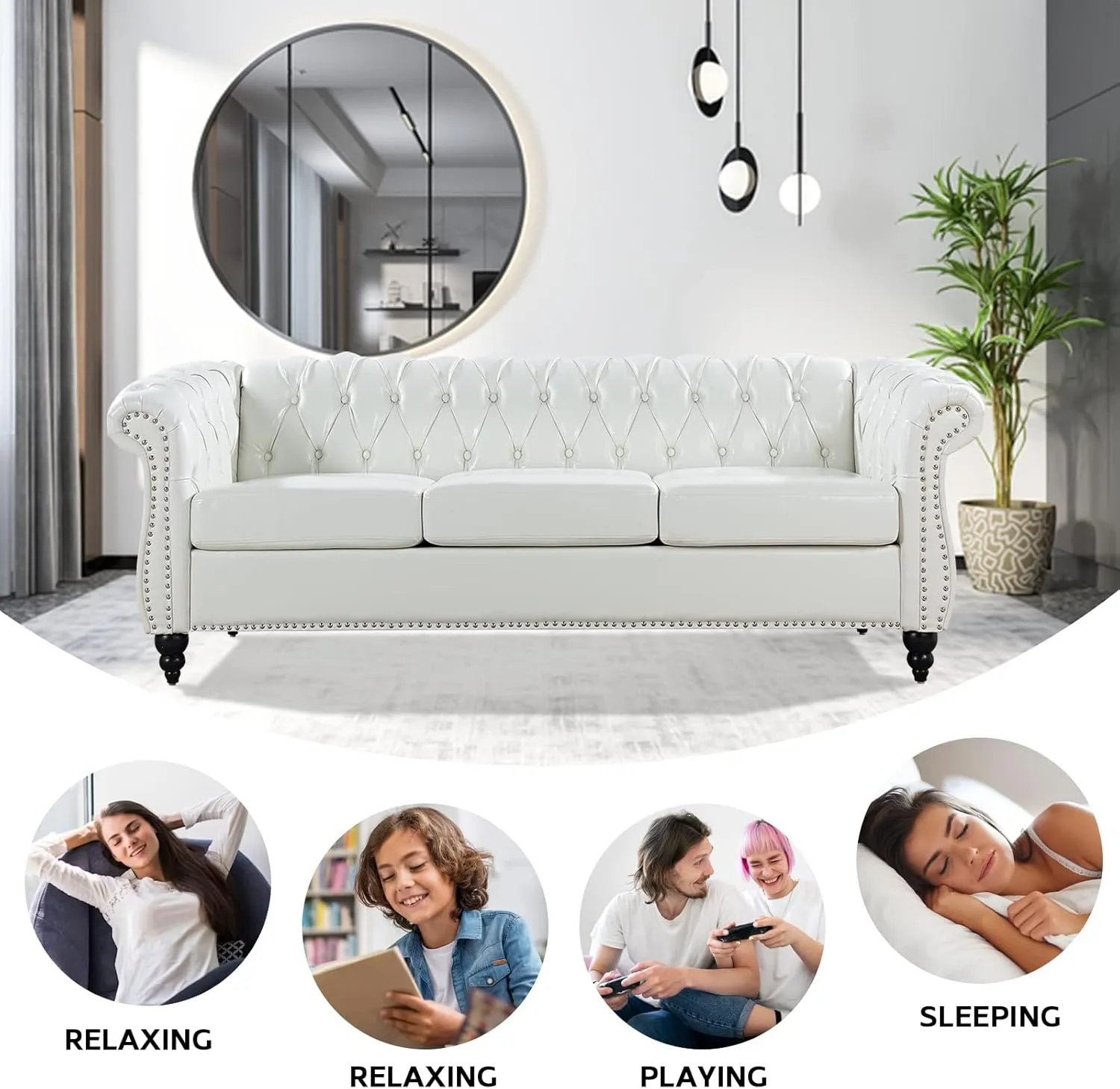 Chesterfield 2 Piece Set, Modern Faux Leather 3 Seater Couches and Sofa Chairs, Upholstered Tufted Button,Scroll Arms and Nailhead Trim, Sectional Sofa Set for Living Room Office Bedroom