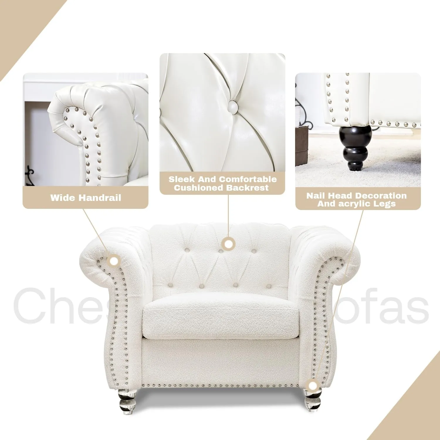 Chesterfield 2 Piece Set, Modern Faux Leather 3 Seater Couches and Sofa Chairs, Upholstered Tufted Button,Scroll Arms and Nailhead Trim, Sectional Sofa Set for Living Room Office Bedroom