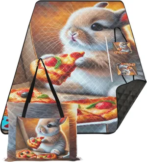 CHIFIGNO Funny Bunny Pizza Feast Waterproof Beach Blanket Oversized Floral Camp Blanket for Grass Picnic Supplies Foldable Mat 80" x 60"