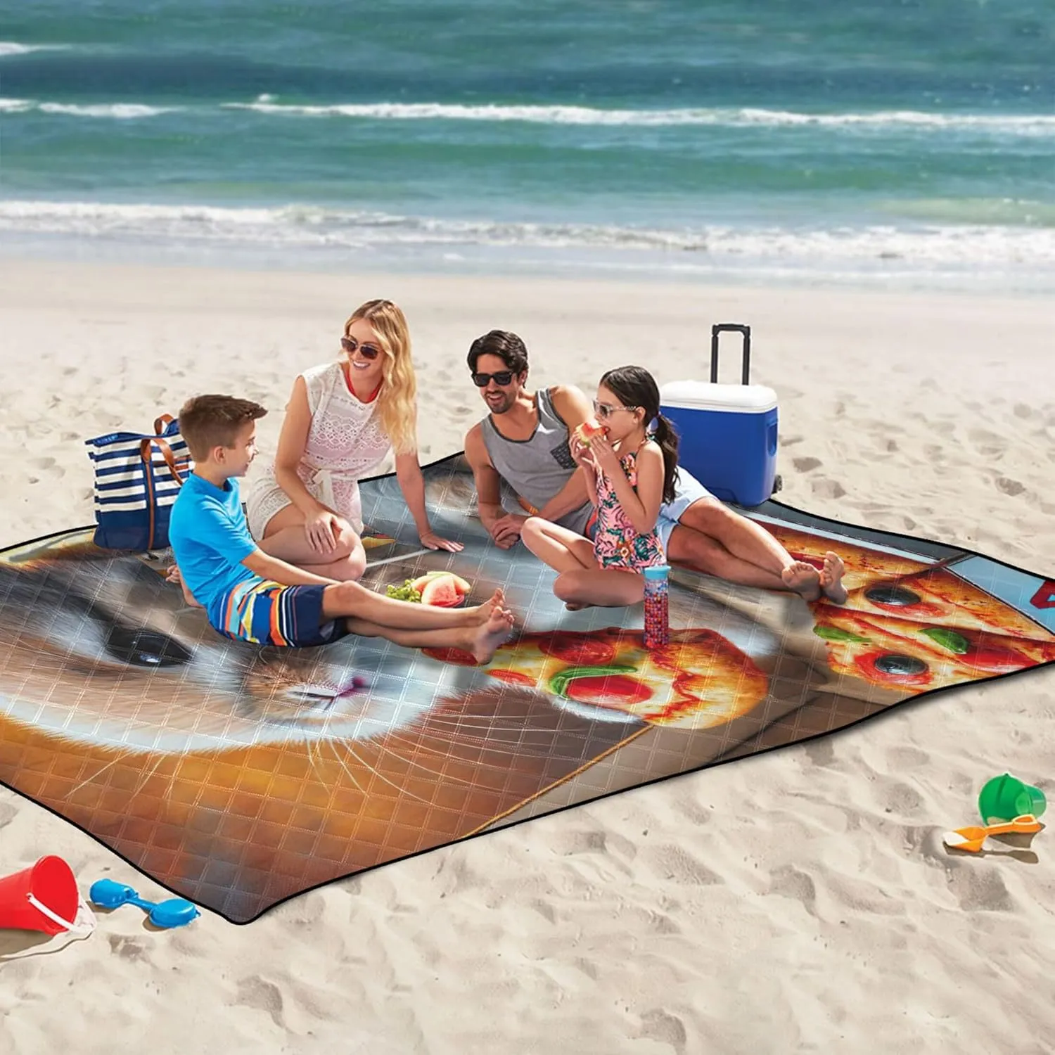 CHIFIGNO Funny Bunny Pizza Feast Waterproof Beach Blanket Oversized Floral Camp Blanket for Grass Picnic Supplies Foldable Mat 80" x 60"
