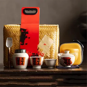 Chinese Ceramic Tea Set, 1 Teapot 4 Cups, Handwoven Storage Bag-set3