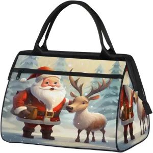 Christmas Santa Claus Reindeer Tree Gym Bag for Women Men, Travel Sports Duffel Bag with Trolley Sleeve, Waterproof Sports Gym Bag Weekender Overnight Bag Carry On Tote Bag for Travel Gym Sport