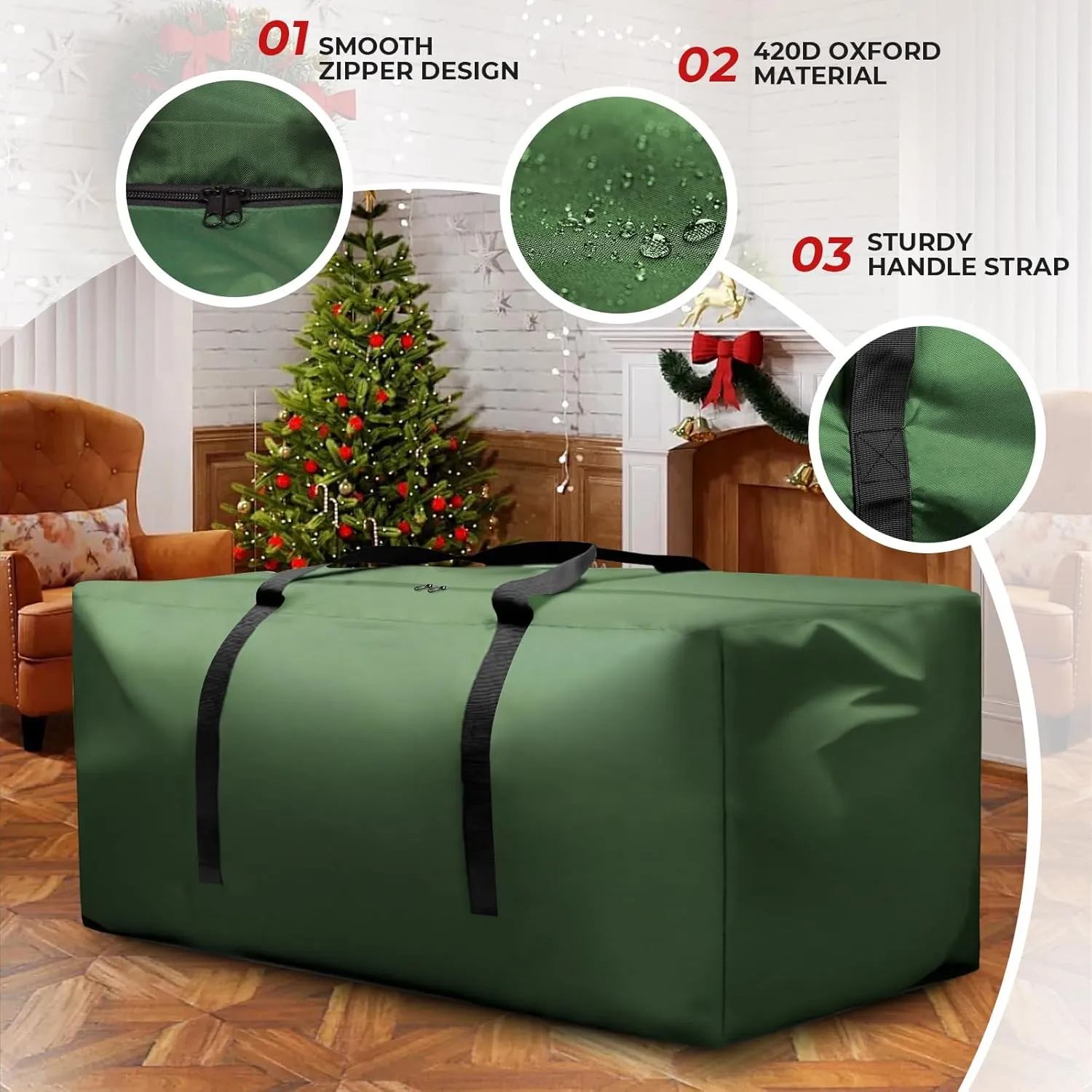 Christmas Tree Storage Bag Fits 9-12 ft Tall Christmas Tree, Outdoor Patio Cushion Storage Bag 420D Oxford Waterproof Extra Large with Zipper and Handles 68x30x20 Inches