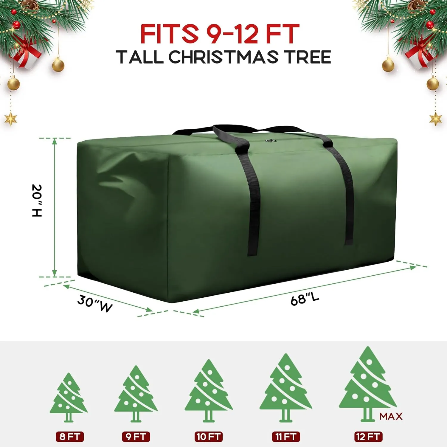Christmas Tree Storage Bag Fits 9-12 ft Tall Christmas Tree, Outdoor Patio Cushion Storage Bag 420D Oxford Waterproof Extra Large with Zipper and Handles 68x30x20 Inches
