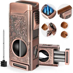 Cigar Torch Lighter, 4 Jet Flame Cigar Lighter with Cigar Cutter V Cut Cigar Accessories Cigar Holder Cigar Punch Cigar Draw Enhancer, Windproof Refillable Butane Lighter, Cigar Gifts for Men