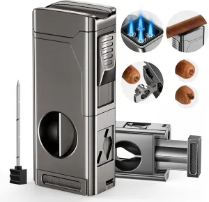 Cigar Torch Lighter, 4 Jet Flame Cigar Lighter with Cigar Cutter V Cut Cigar Accessories Cigar Holder Cigar Punch Cigar Draw Enhancer, Windproof Refillable Butane Lighter, Cigar Gifts for Men