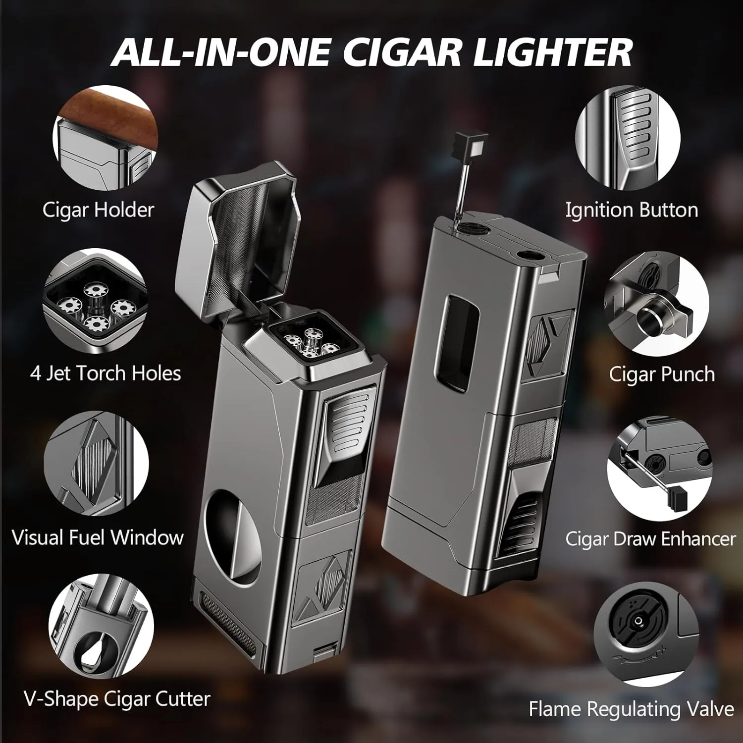Cigar Torch Lighter, 4 Jet Flame Cigar Lighter with Cigar Cutter V Cut Cigar Accessories Cigar Holder Cigar Punch Cigar Draw Enhancer, Windproof Refillable Butane Lighter, Cigar Gifts for Men