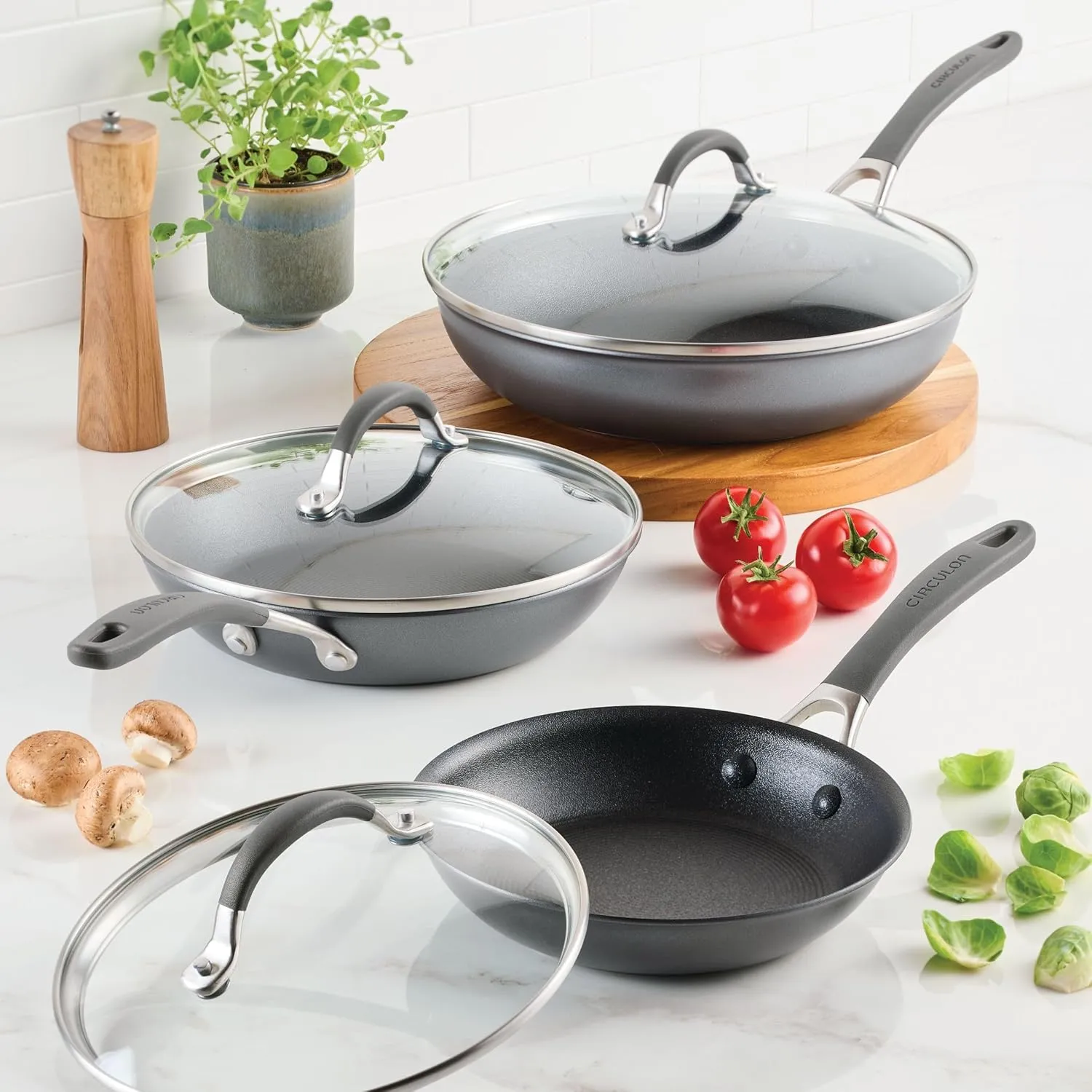 Circulon A1 Series with ScratchDefense Technology Nonstick Induction, Frying Pans/Skillets with Lids, Metal Utensil Safe, Skillet Set w/Lid (8.5", 10" & 12") - Graphite