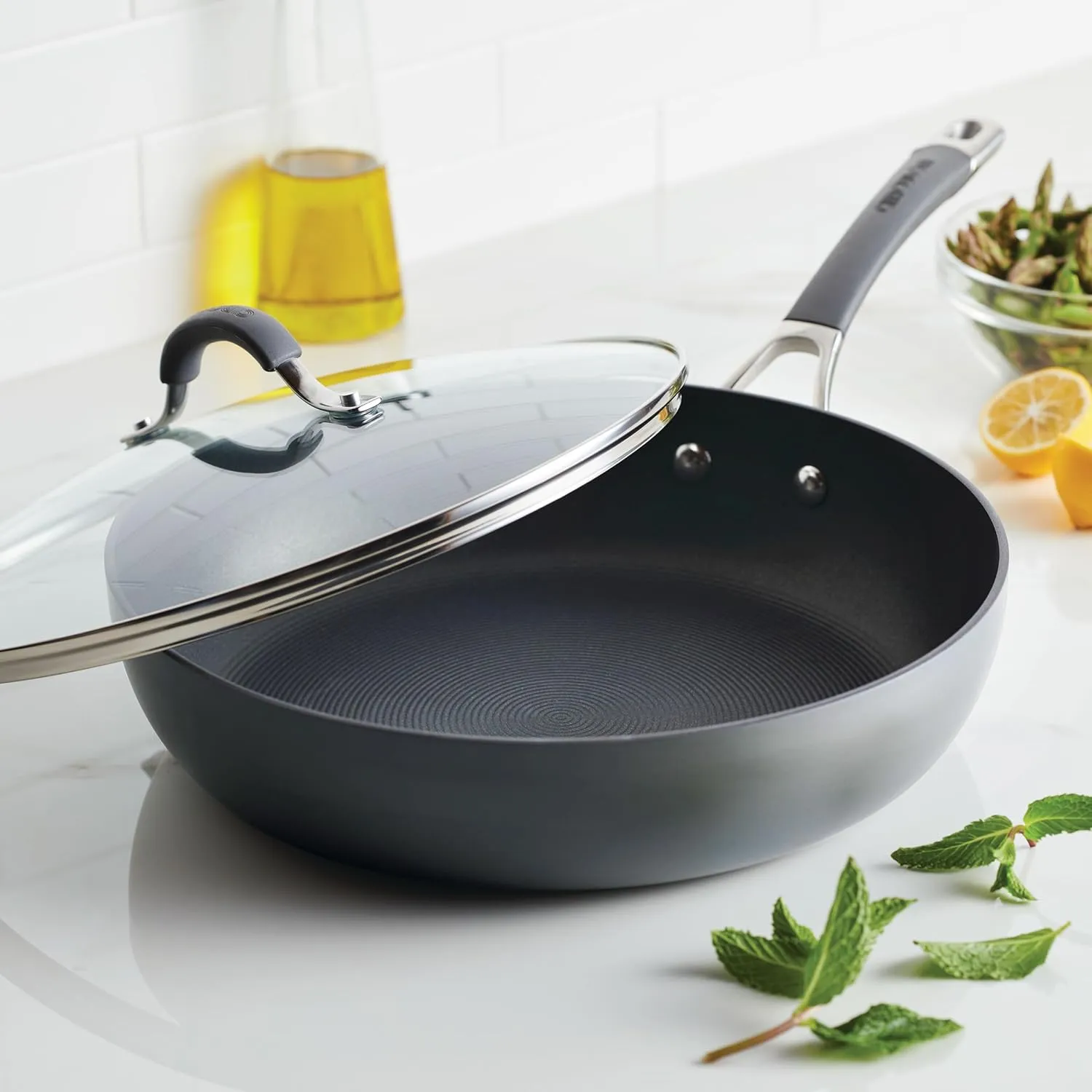 Circulon Elementum Hard Anodized Nonstick Deep Frying Pan/Skillet with Lid, 12 Inch, Oyster Gray