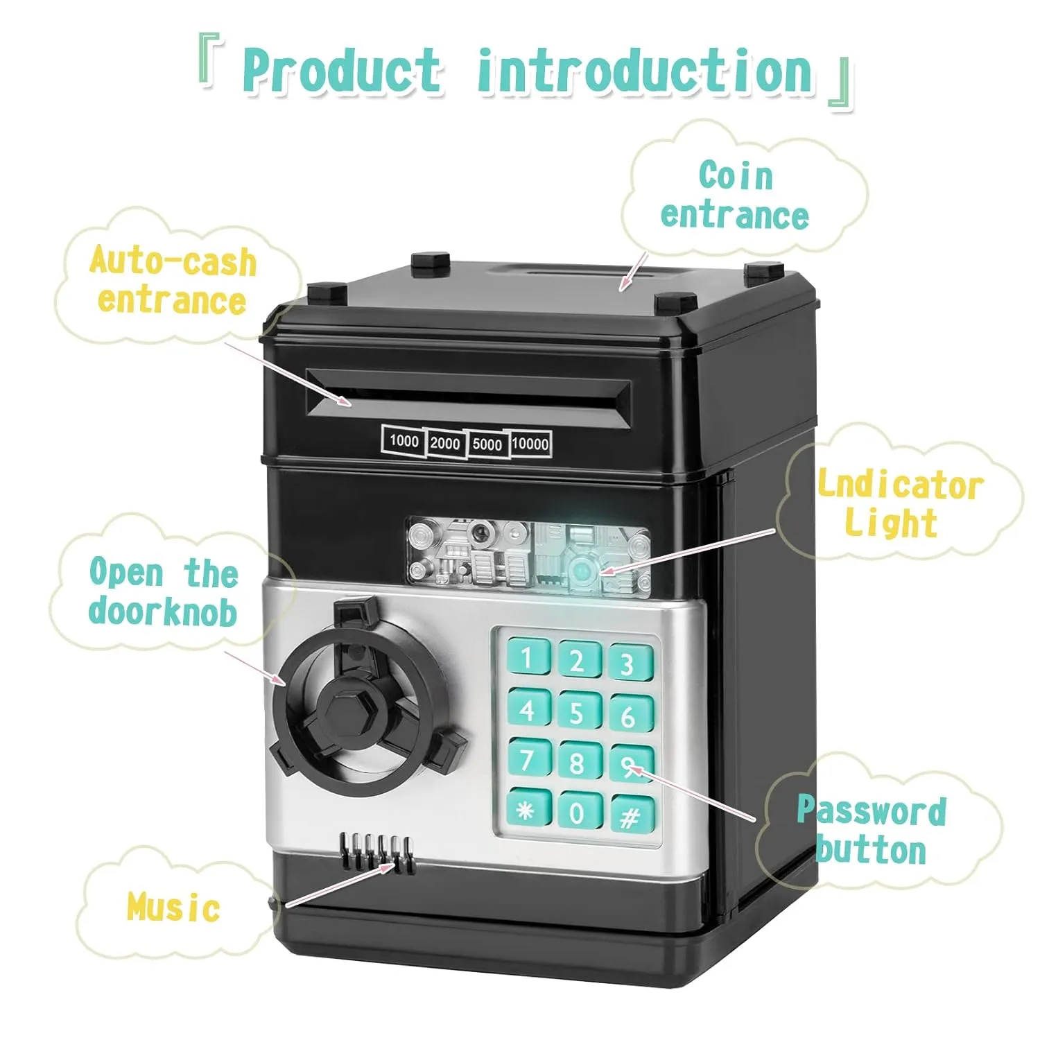 civan ATM Piggy Bank for Kids, Electronic Money Saving Box with Password, Safe Cash Coin Saving Bank Toys for Ages 8-13 Girls Boys Gift (Black)