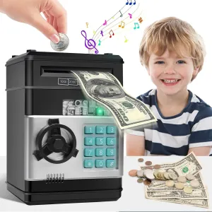 civan ATM Piggy Bank for Kids, Electronic Money Saving Box with Password, Safe Cash Coin Saving Bank Toys for Ages 8-13 Girls Boys Gift (Black)