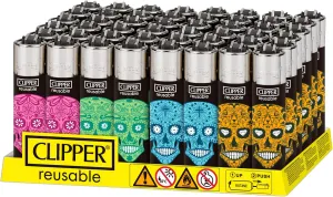 Clipper - Classic Large Reusable Lighter - Iconic Premium Refillable Lighters Bulk Pack - Replace Butane, Flint, and Spark Wheel for Unlimited Lights - 48 Pack - Sugar Skulls