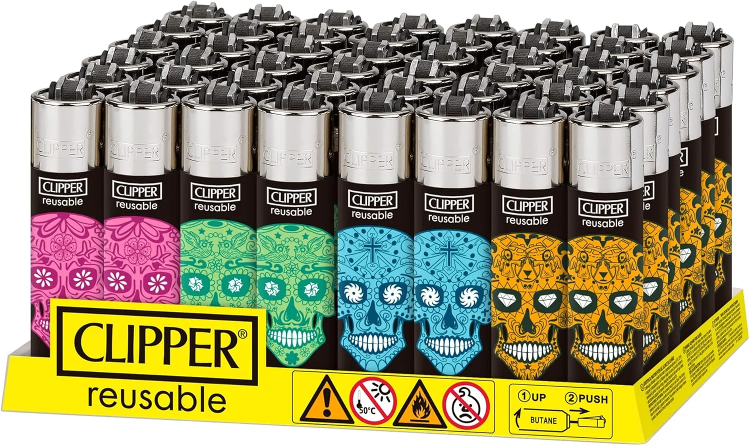 Clipper - Classic Large Reusable Lighter - Iconic Premium Refillable Lighters Bulk Pack - Replace Butane, Flint, and Spark Wheel for Unlimited Lights - 48 Pack - Sugar Skulls