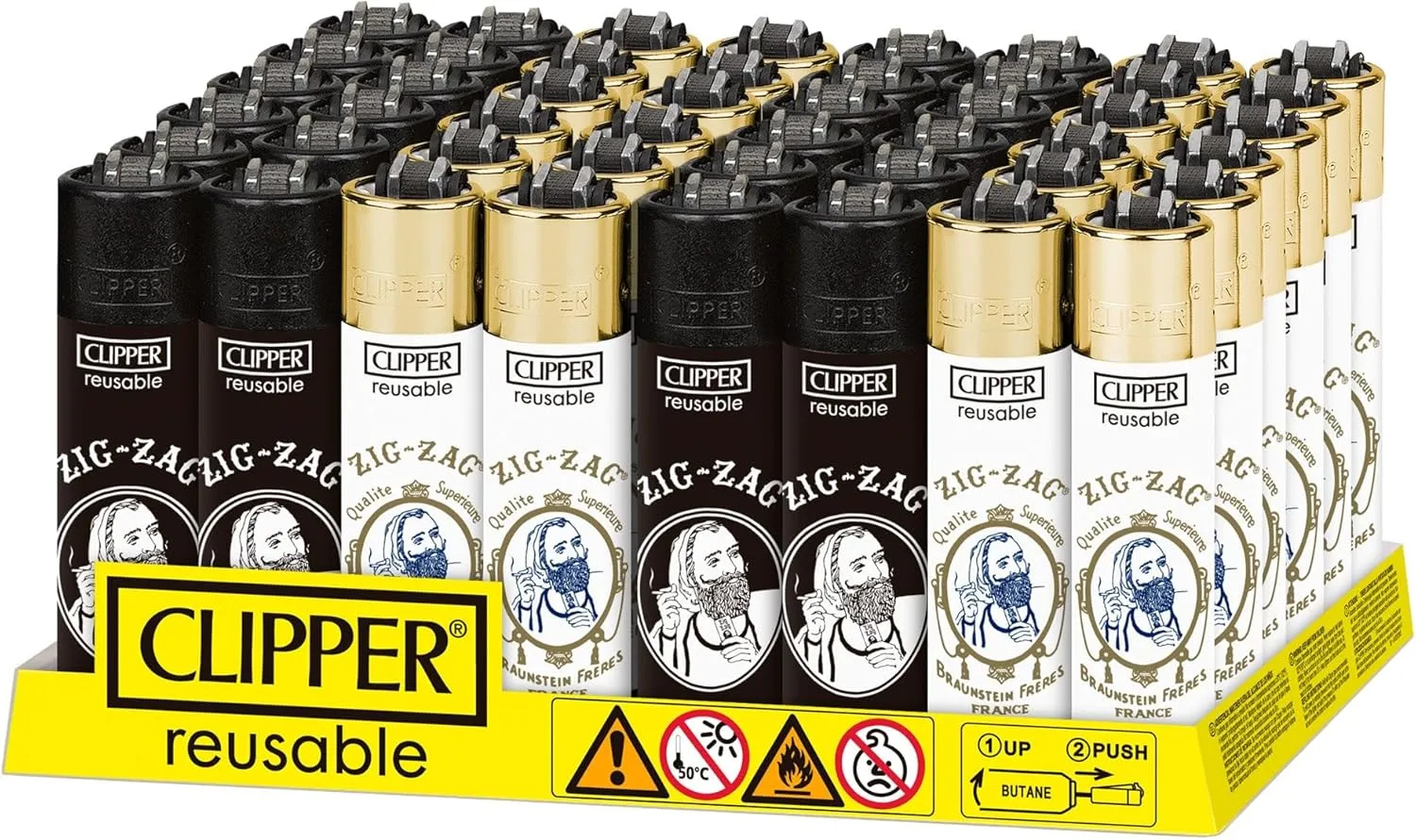 Clipper - Classic Large Reusable Lighter - Iconic Premium Refillable Lighters Bulk Pack - Replace Butane, Flint, and Spark Wheel for Unlimited Lights - 48 Pack - Zig Zag 2 (Color/Design May Vary)