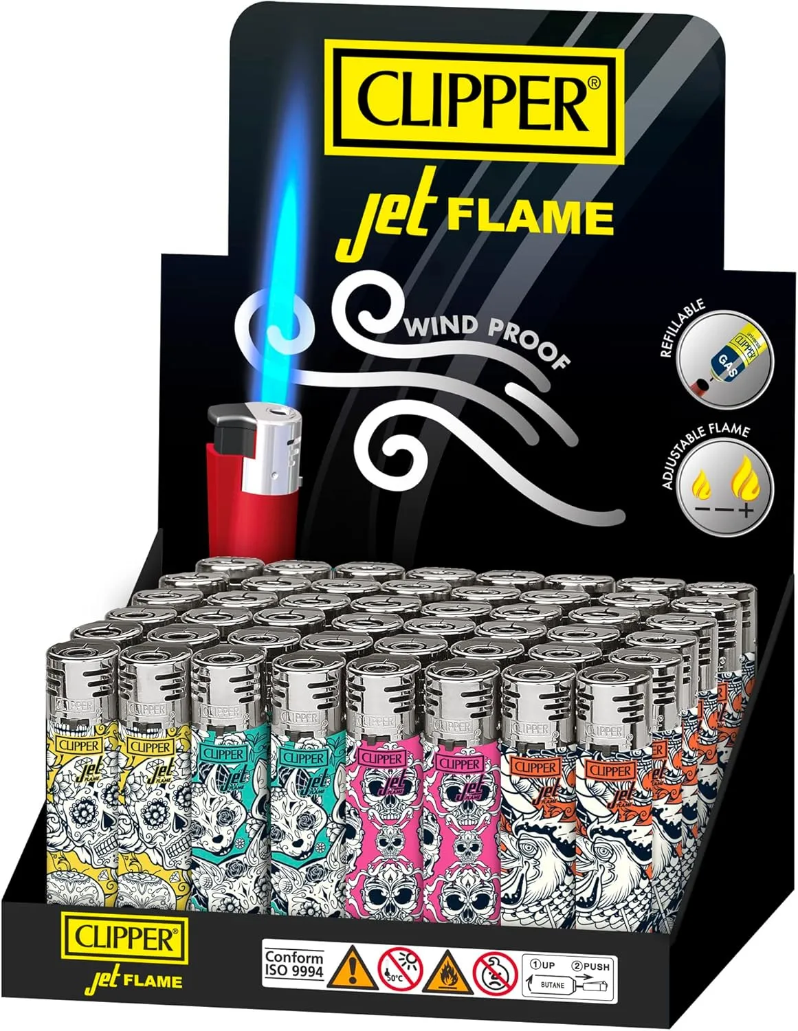 Clipper Large Jet Flame Lighter - 48ct Safe Butane Refillable in Assorted Fashion Colors - Reusable Kitchen Lighter - Cute Variety (Somber)