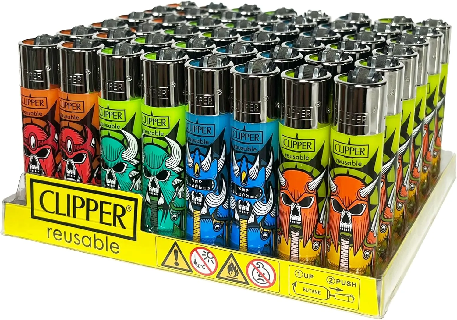 Clipper - Tray of 48 Reusable Lighters - Horned Skulls